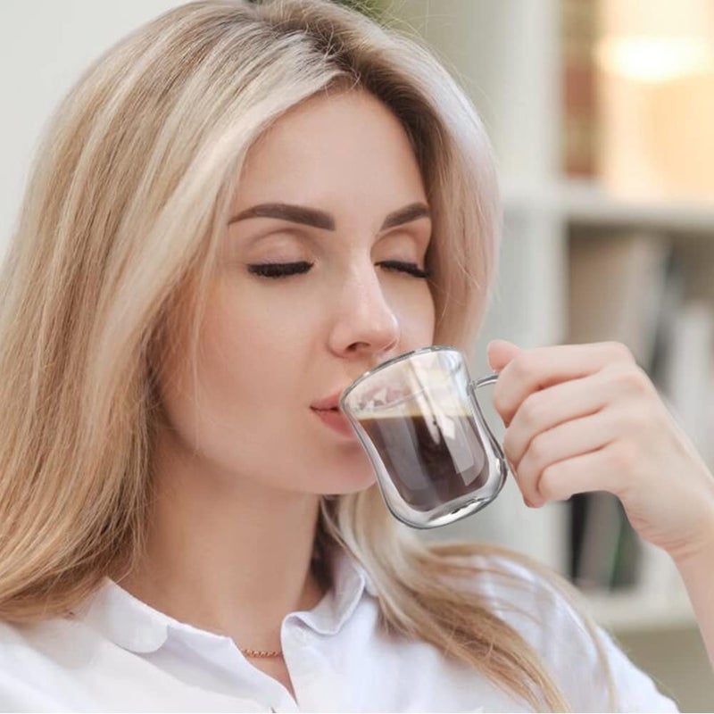 ecooe Espresso Cups 4 Oz Double Walled Glasses Coffee Mugs Set of 2, Clear Glass Coffee Cups with Handle, Insulated Coffee Mug Borosilicate Heat Resistant Double Wall Glass Espresso Coffee Cups - Image 4